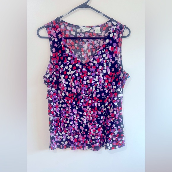 LAURA ASHLEY PETITS RUFFLED MULTICOLOURED SLEEVELESS V NECK BLOUSE SIZE SMALL - Picture 2 of 8